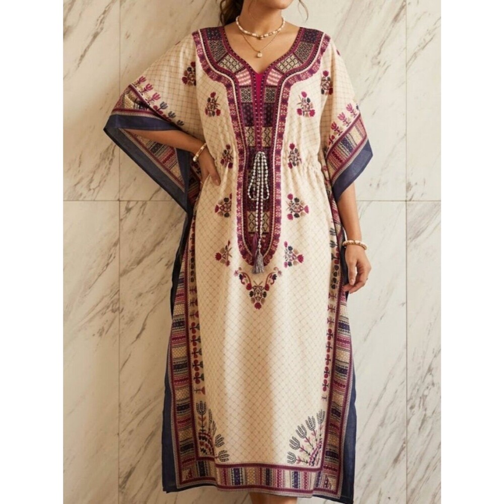 Pacific Glory Boho Ethnic Print Drawstring Waist Maxi Caftan Dress Coverup OS